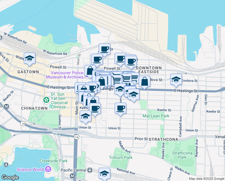 map of restaurants, bars, coffee shops, grocery stores, and more near 430 East Hastings Street in Vancouver