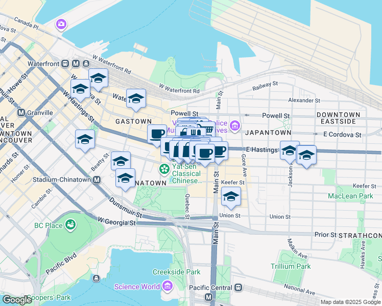 map of restaurants, bars, coffee shops, grocery stores, and more near 106 East Hastings Street in Vancouver