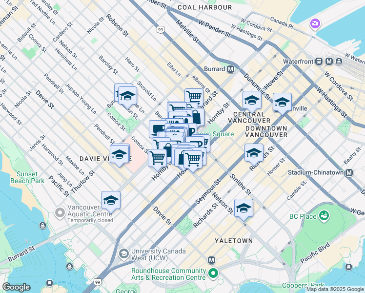 map of restaurants, bars, coffee shops, grocery stores, and more near 951 Hornby Street in Vancouver