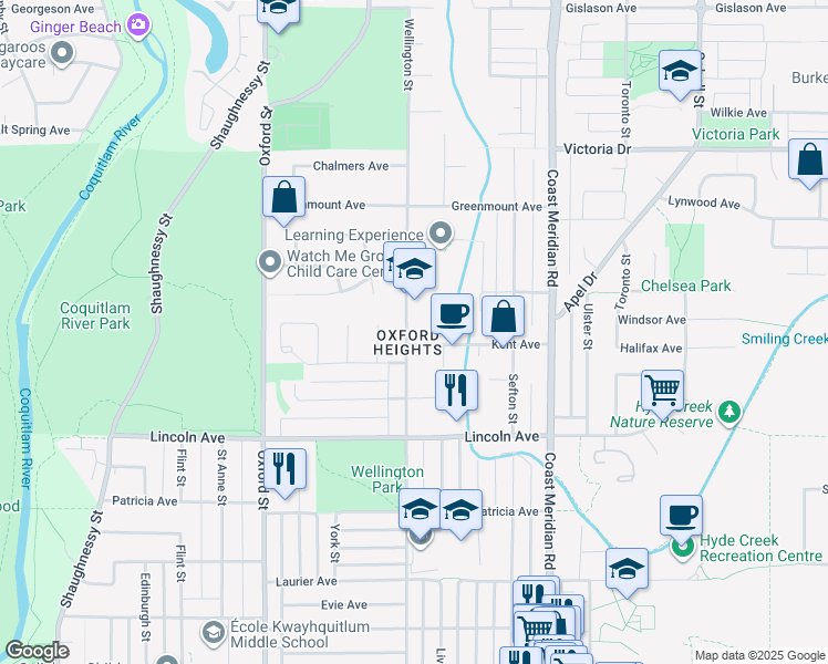 map of restaurants, bars, coffee shops, grocery stores, and more near 1693 Kent Avenue in Port Coquitlam