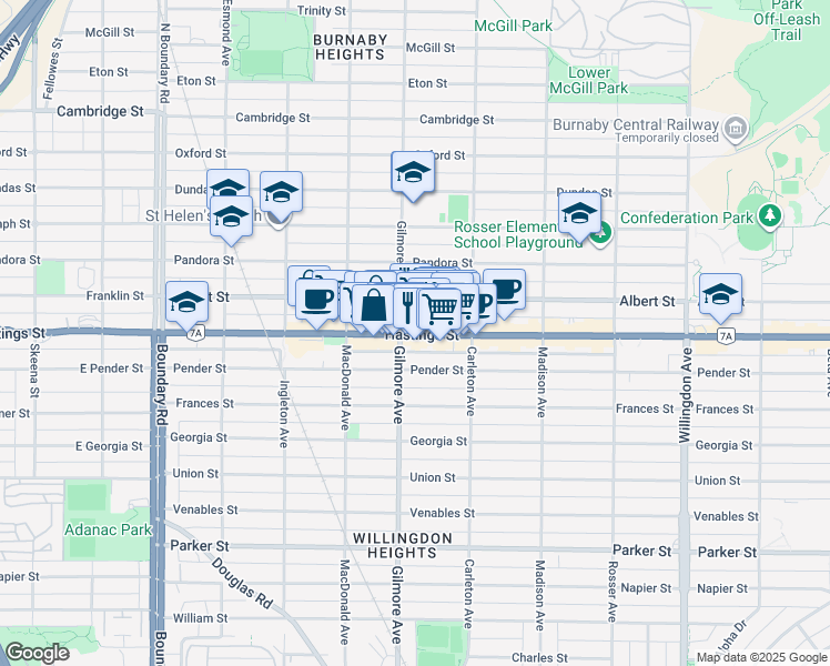 map of restaurants, bars, coffee shops, grocery stores, and more near in Burnaby