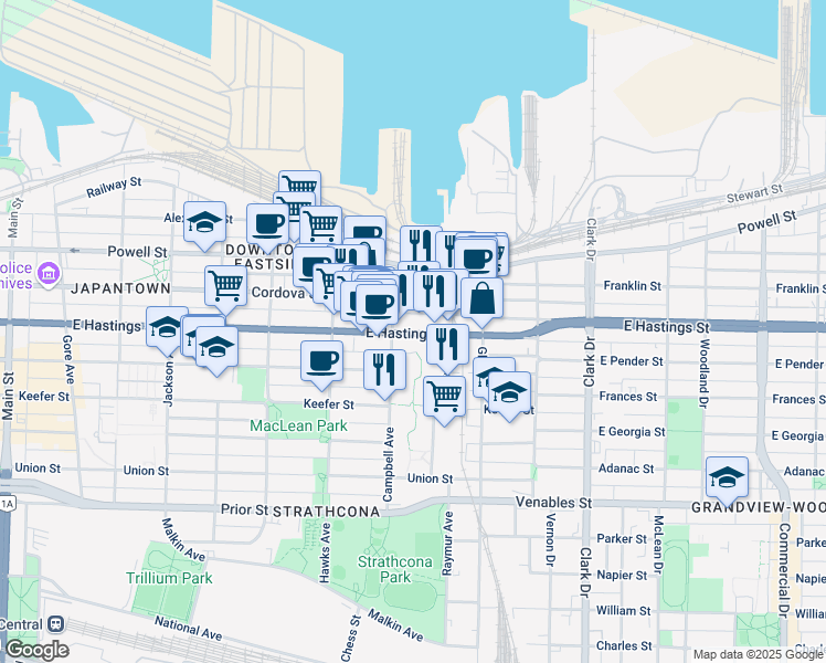 map of restaurants, bars, coffee shops, grocery stores, and more near in Vancouver