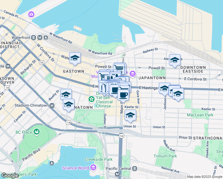 map of restaurants, bars, coffee shops, grocery stores, and more near in Vancouver