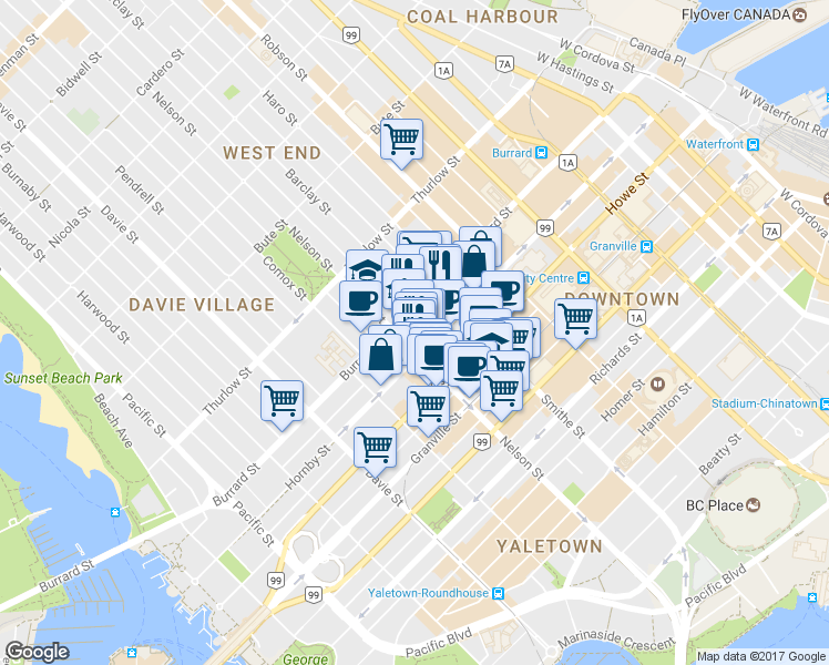 map of restaurants, bars, coffee shops, grocery stores, and more near 928 Nelson Street in Vancouver