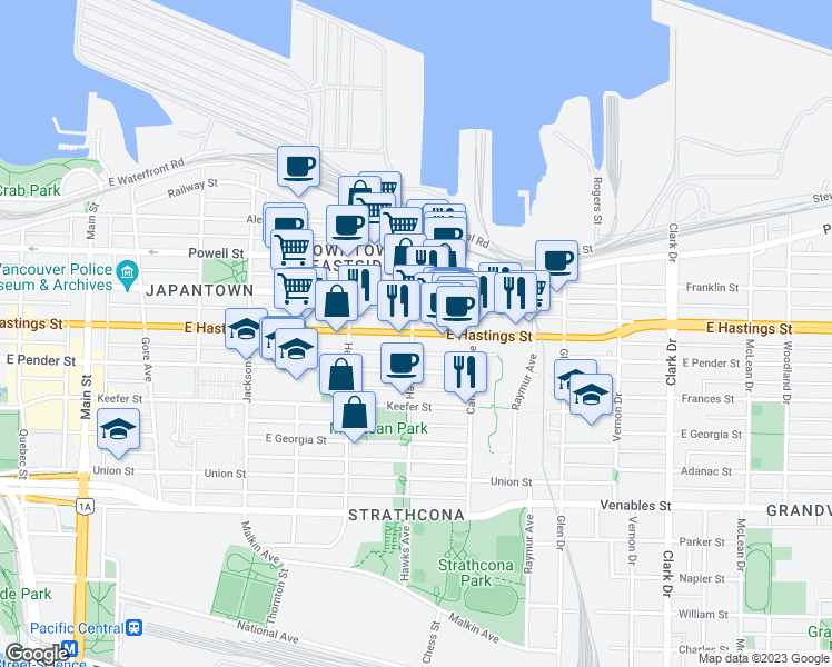 map of restaurants, bars, coffee shops, grocery stores, and more near 800 East Hastings Street in Vancouver