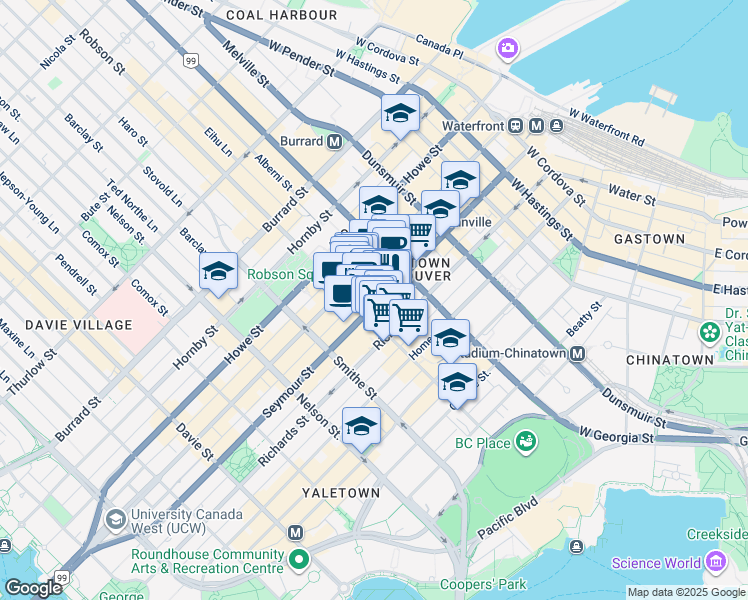 map of restaurants, bars, coffee shops, grocery stores, and more near 757 British Columbia 99 in Vancouver