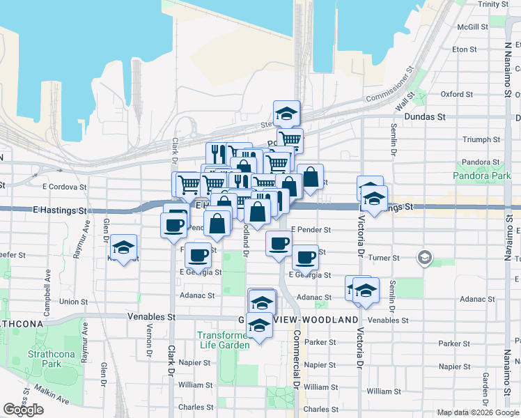 map of restaurants, bars, coffee shops, grocery stores, and more near 1618 British Columbia 7A in Vancouver