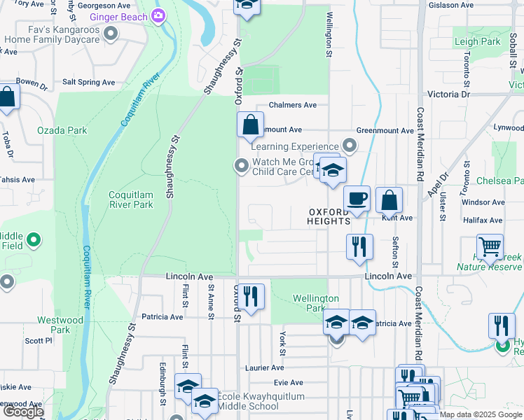 map of restaurants, bars, coffee shops, grocery stores, and more near 3848 Clematis Crescent in Port Coquitlam