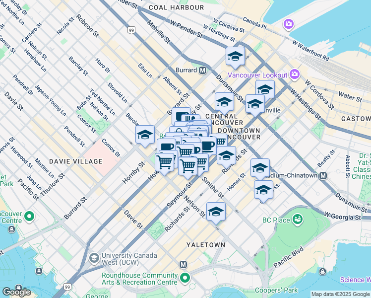 map of restaurants, bars, coffee shops, grocery stores, and more near Robson Street in Vancouver