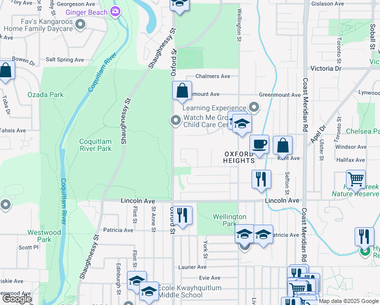 map of restaurants, bars, coffee shops, grocery stores, and more near 3848 Clematis Crescent in Port Coquitlam
