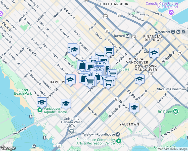 map of restaurants, bars, coffee shops, grocery stores, and more near 989 Nelson Street in Vancouver