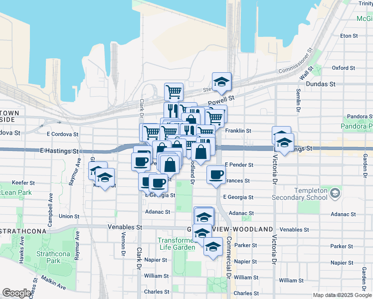 map of restaurants, bars, coffee shops, grocery stores, and more near 430 East Hastings Street in Vancouver