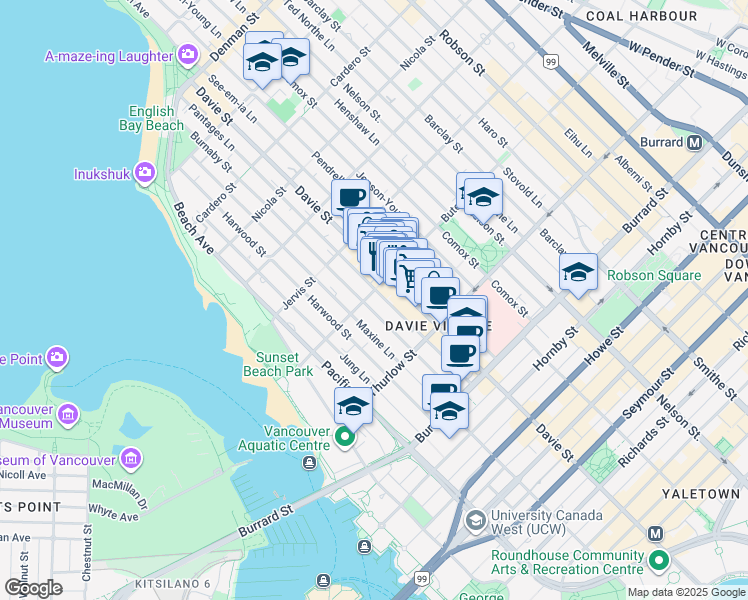map of restaurants, bars, coffee shops, grocery stores, and more near 1250 Bute Street in Vancouver