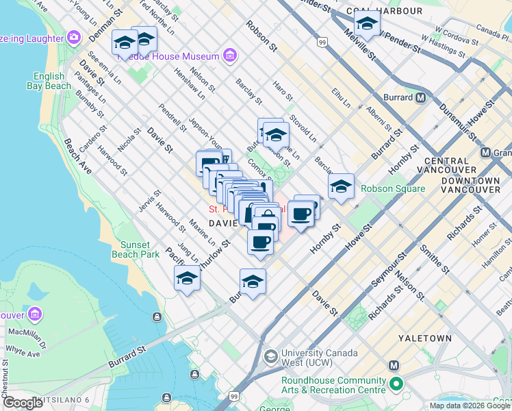 map of restaurants, bars, coffee shops, grocery stores, and more near 1155 Thurlow Street in Vancouver