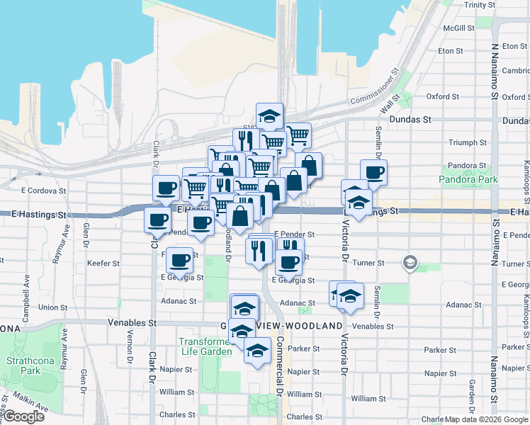 map of restaurants, bars, coffee shops, grocery stores, and more near 401 Commercial Drive in Vancouver