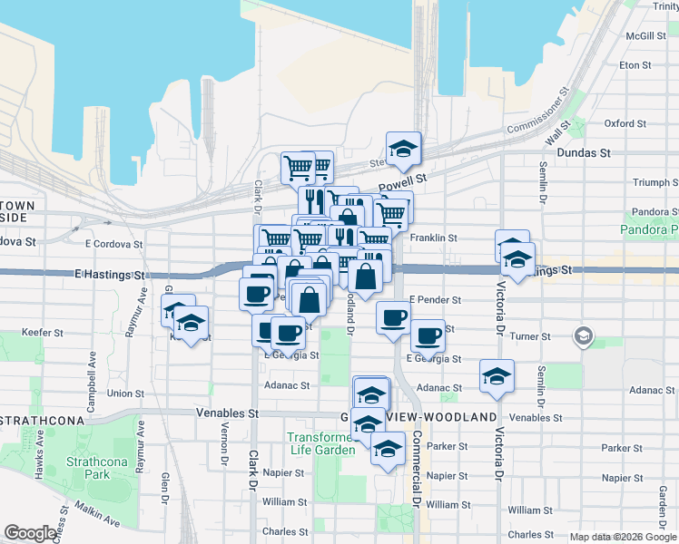 map of restaurants, bars, coffee shops, grocery stores, and more near 1588 East Hastings Street in Vancouver