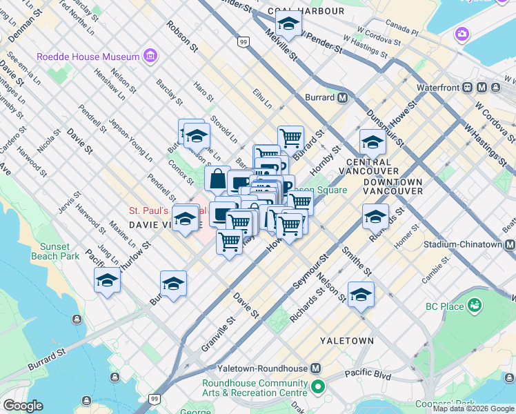 map of restaurants, bars, coffee shops, grocery stores, and more near 989 Nelson Street in Vancouver
