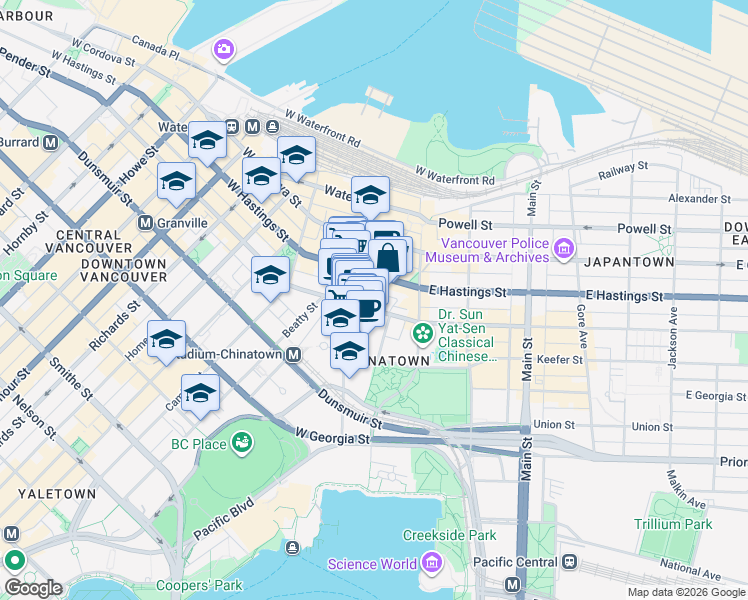 map of restaurants, bars, coffee shops, grocery stores, and more near 33 West Pender Street in West