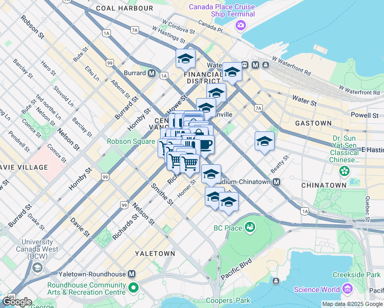 map of restaurants, bars, coffee shops, grocery stores, and more near 788 Richards Street in Vancouver