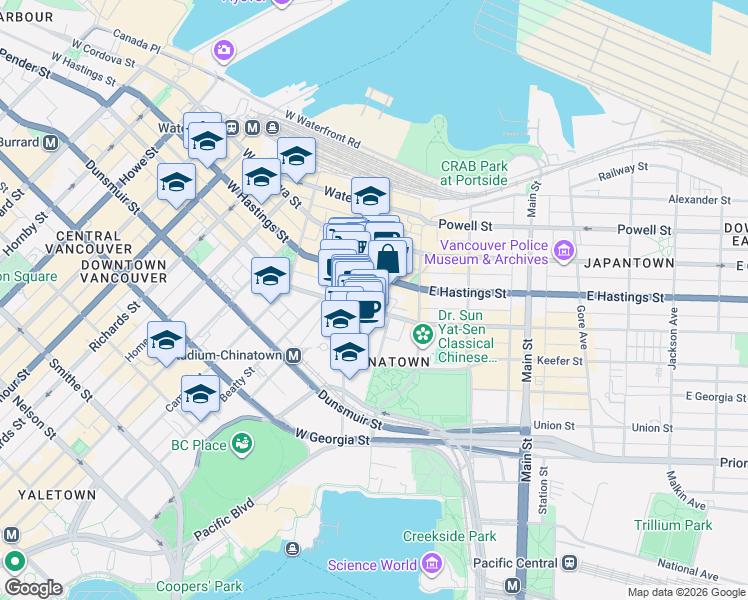 map of restaurants, bars, coffee shops, grocery stores, and more near 33 West Pender Street in West