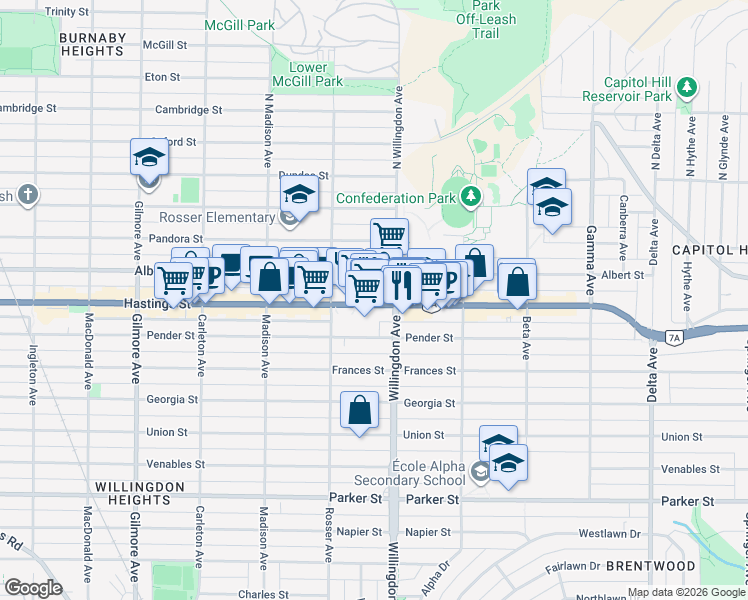 map of restaurants, bars, coffee shops, grocery stores, and more near 4451 Hastings Street in Burnaby