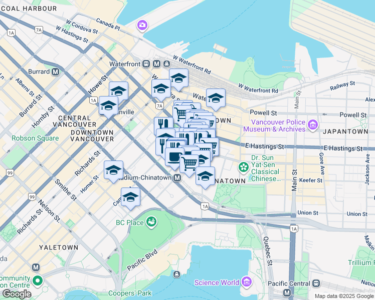 map of restaurants, bars, coffee shops, grocery stores, and more near 140 West Pender Street in Vancouver