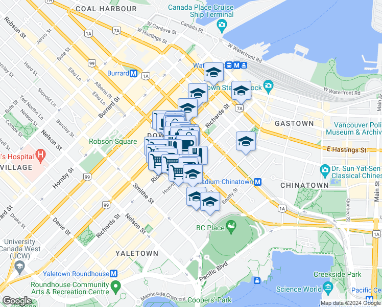map of restaurants, bars, coffee shops, grocery stores, and more near 409 West Georgia Street in Vancouver