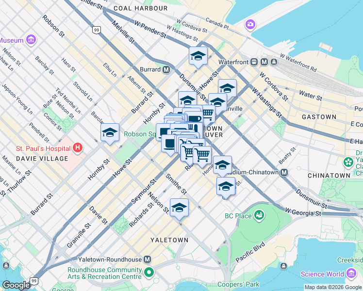 map of restaurants, bars, coffee shops, grocery stores, and more near in Vancouver
