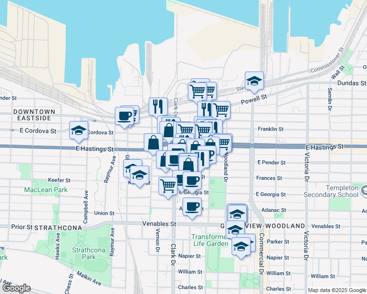 map of restaurants, bars, coffee shops, grocery stores, and more near 1326 E Hastings St in Vancouver