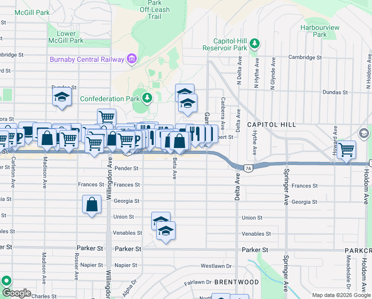 map of restaurants, bars, coffee shops, grocery stores, and more near 4721 Hastings Street in Burnaby