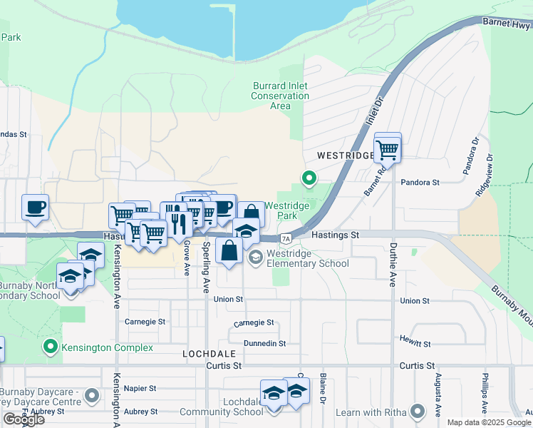 map of restaurants, bars, coffee shops, grocery stores, and more near 6939 Hastings Street in Burnaby