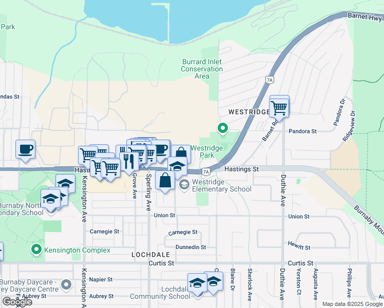 map of restaurants, bars, coffee shops, grocery stores, and more near 6939 Hastings Street in Burnaby