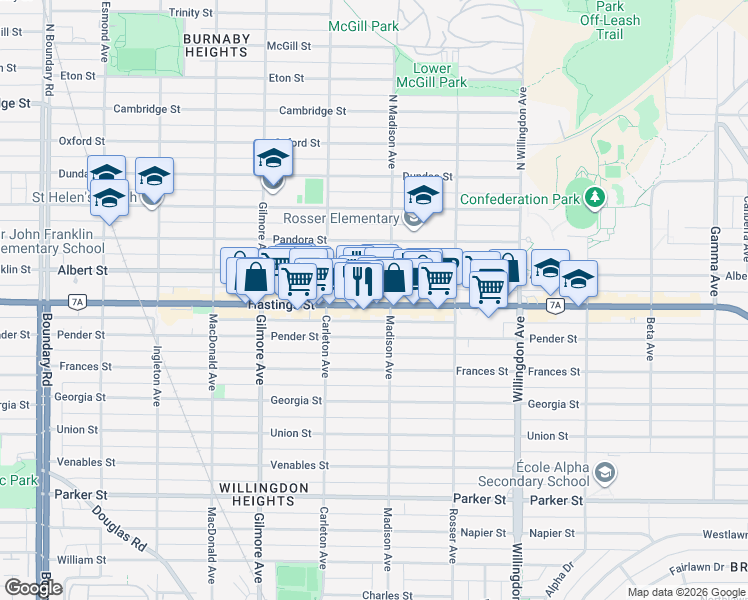 map of restaurants, bars, coffee shops, grocery stores, and more near 4289 Hastings Street in Burnaby