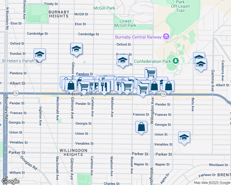 map of restaurants, bars, coffee shops, grocery stores, and more near 4307 Hastings Street in Burnaby