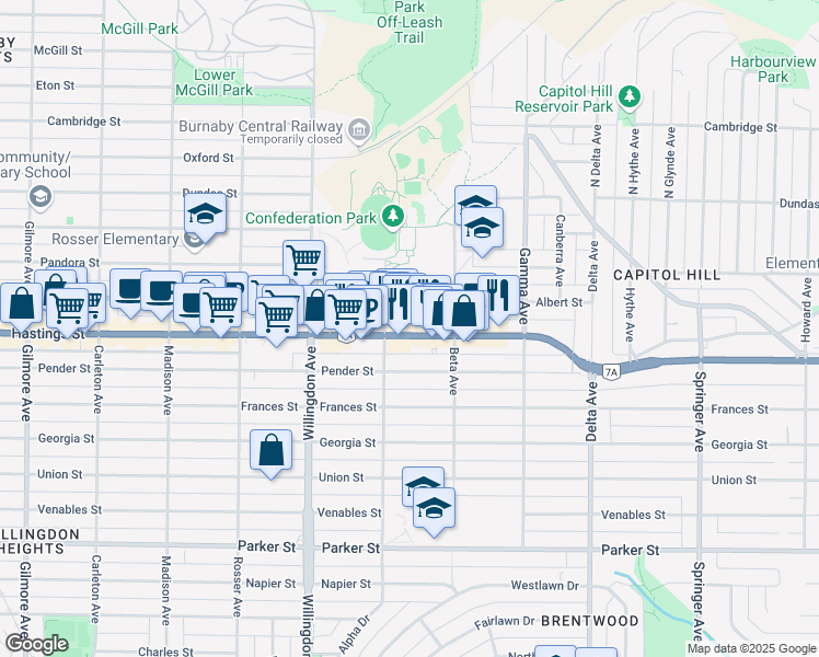 map of restaurants, bars, coffee shops, grocery stores, and more near 4656 Hastings Street in Burnaby