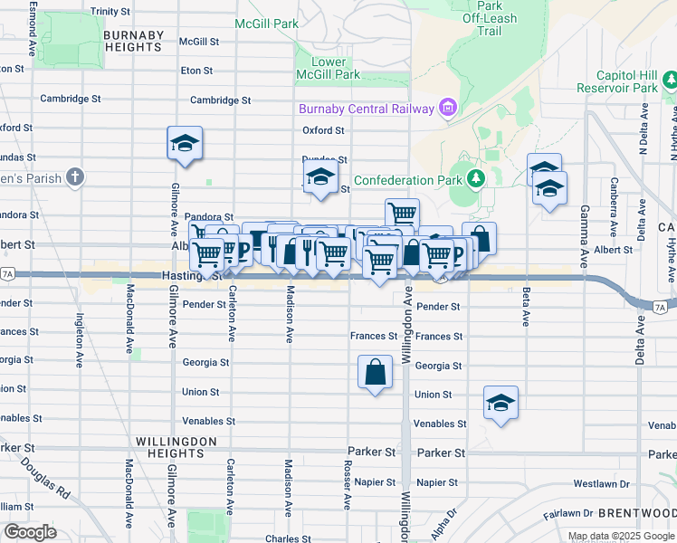 map of restaurants, bars, coffee shops, grocery stores, and more near 4365 Hastings Street in Burnaby