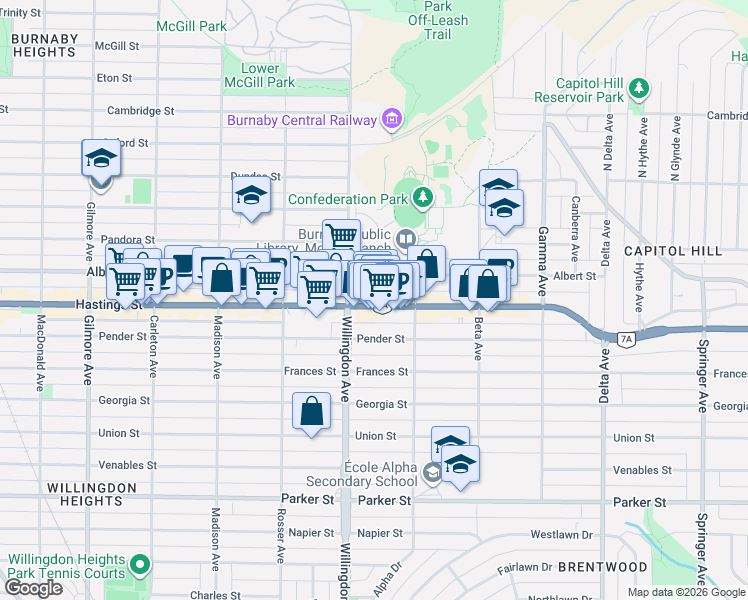 map of restaurants, bars, coffee shops, grocery stores, and more near 4527 Hastings Street in Burnaby