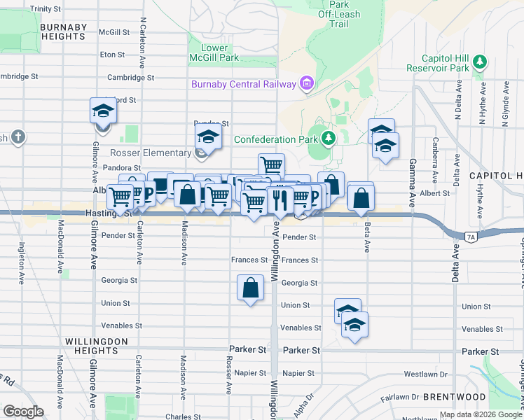 map of restaurants, bars, coffee shops, grocery stores, and more near in Burnaby