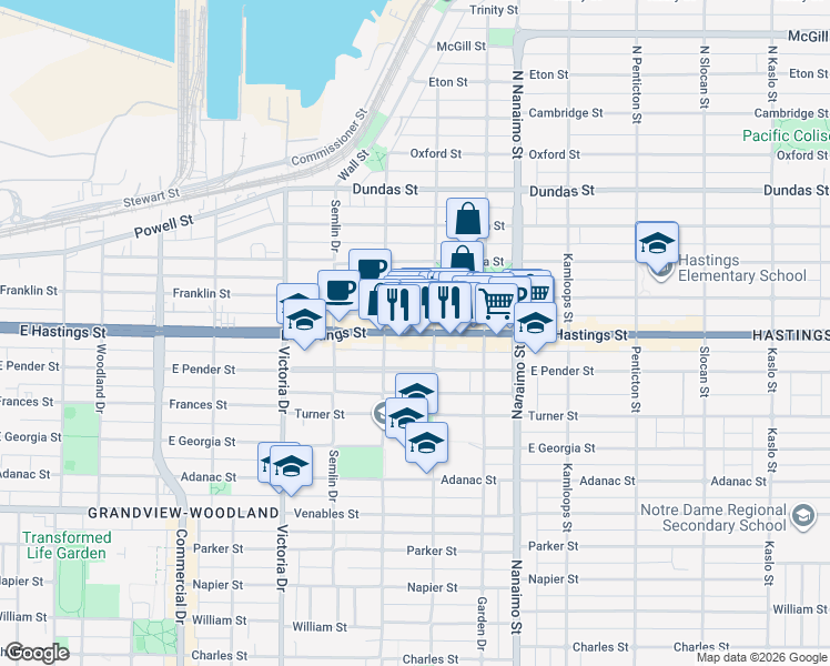 map of restaurants, bars, coffee shops, grocery stores, and more near East Hastings Street in Vancouver