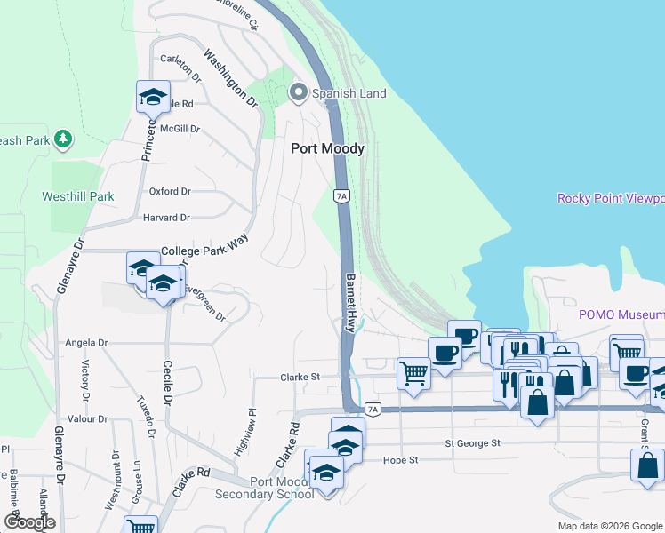 map of restaurants, bars, coffee shops, grocery stores, and more near 1781 View Street in Port Moody