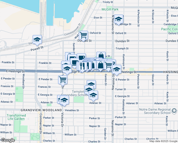 map of restaurants, bars, coffee shops, grocery stores, and more near 2138 East Hastings Street in Vancouver