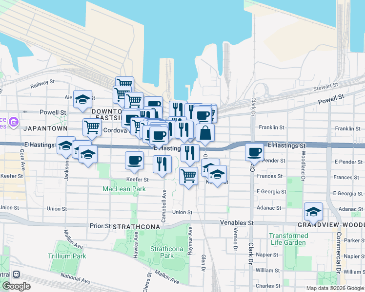 map of restaurants, bars, coffee shops, grocery stores, and more near 955 East Hastings Street in Vancouver
