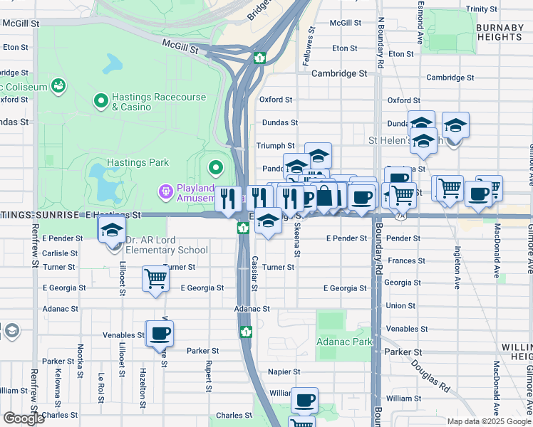 map of restaurants, bars, coffee shops, grocery stores, and more near 3423 East Hastings Street in Vancouver