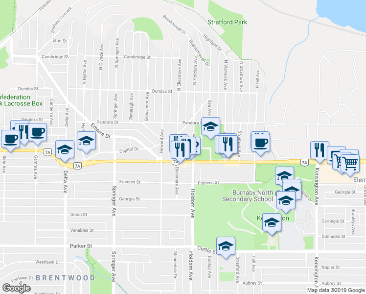map of restaurants, bars, coffee shops, grocery stores, and more near 380 Ellesmere Avenue in Burnaby