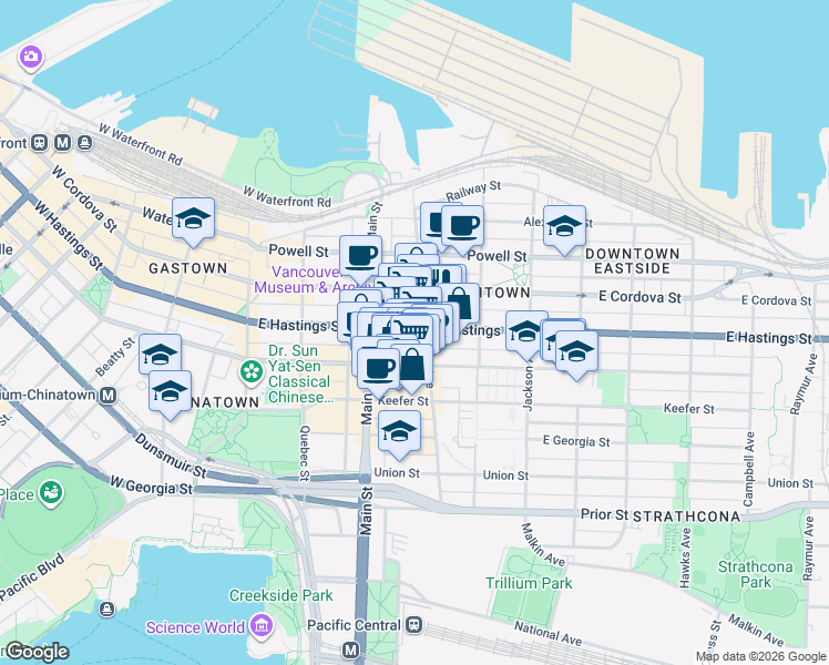 map of restaurants, bars, coffee shops, grocery stores, and more near 288 East Hastings Street in Vancouver