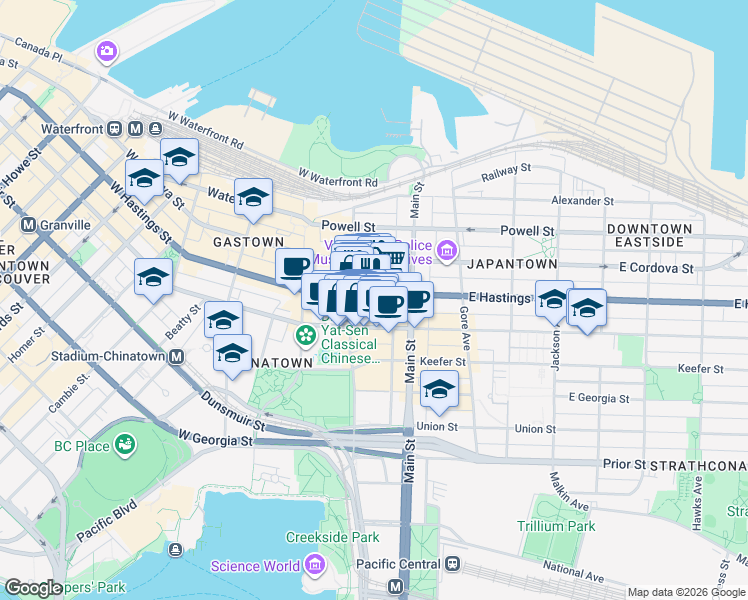 map of restaurants, bars, coffee shops, grocery stores, and more near 106 East Hastings Street in Vancouver