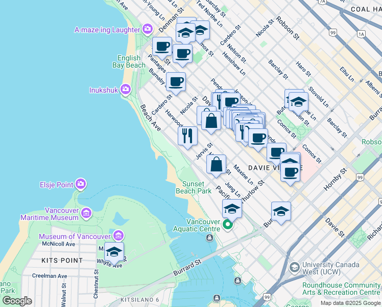map of restaurants, bars, coffee shops, grocery stores, and more near in Vancouver