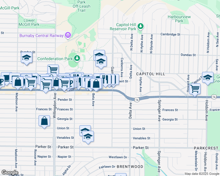 map of restaurants, bars, coffee shops, grocery stores, and more near 4759 British Columbia 7A in Burnaby