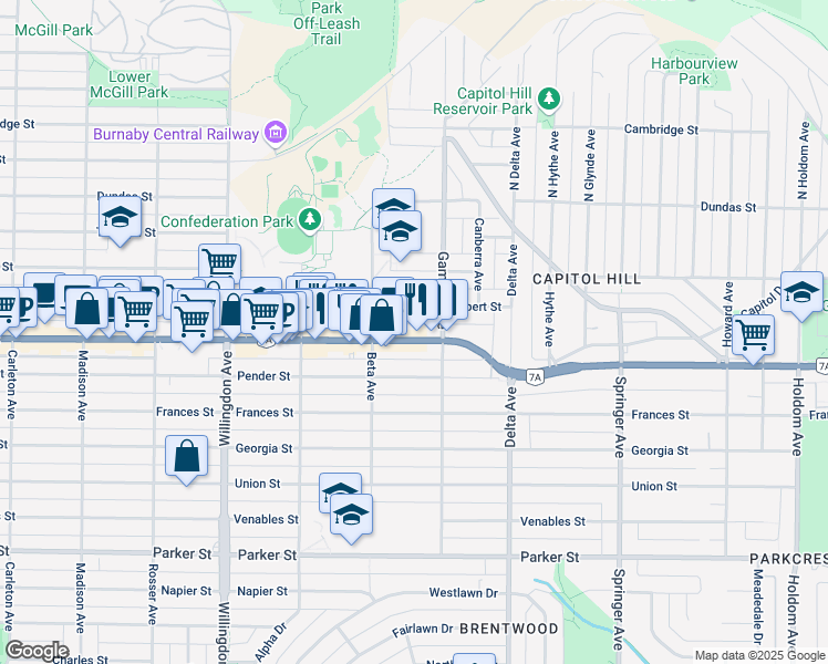 map of restaurants, bars, coffee shops, grocery stores, and more near 4759 British Columbia 7A in Burnaby