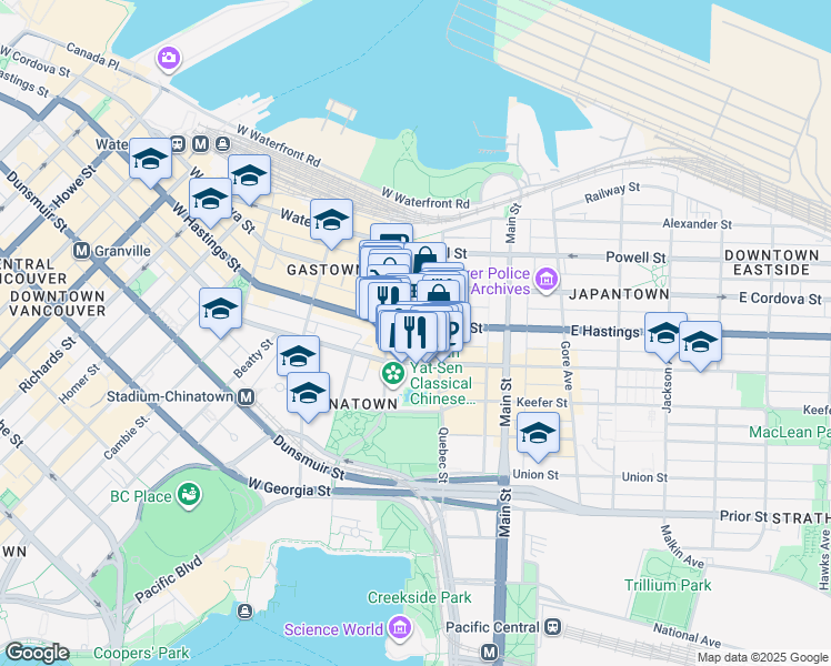 map of restaurants, bars, coffee shops, grocery stores, and more near 40 East Hastings Street in Vancouver